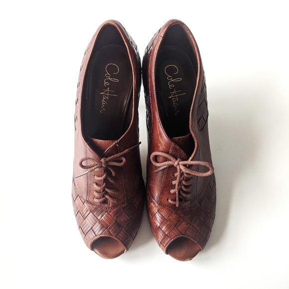 Preppy Cole Haan woven Peep toe lace up high heel shoes - Picture 1 of 10